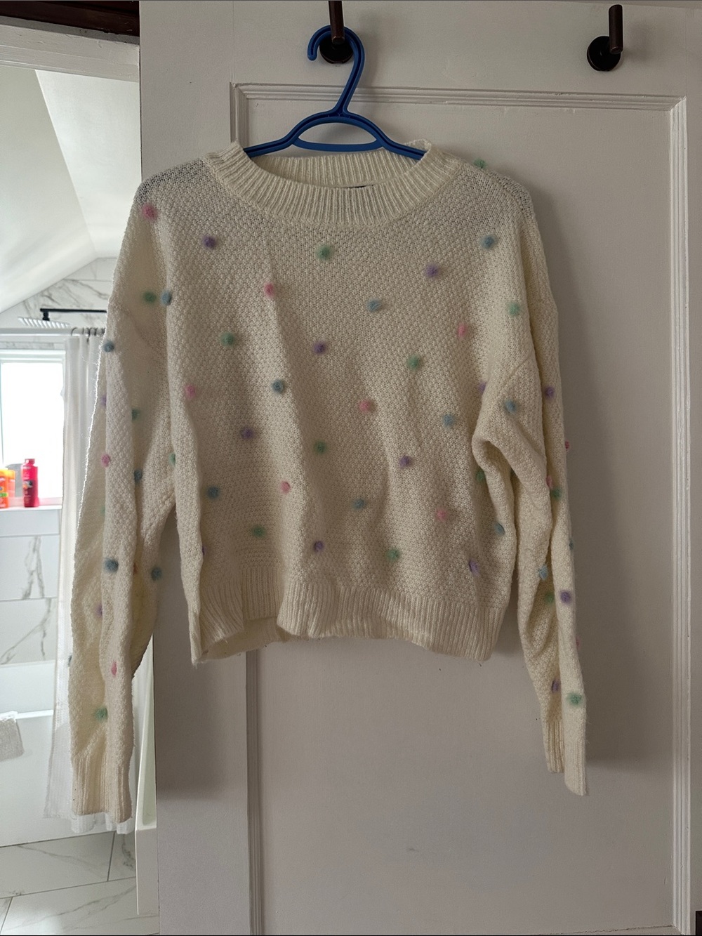 Kittenish Cream Crewneck Sweater with Pastel Polka Dots